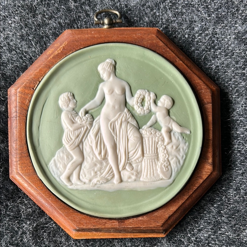 Vintage Octagonal Wall Plaque with Green and White Relief
